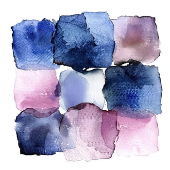 Colorful watercolor squares blend shades of blue, pink, and purple in a grid layout, highlighting the fluidity and texture of the paint in an artistic display.