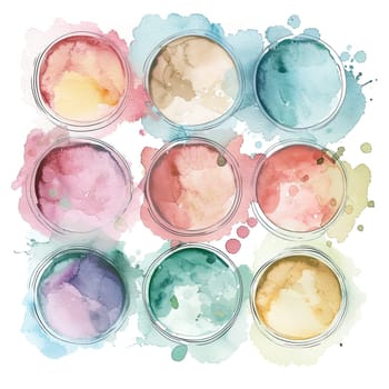 A vibrant display of nine watercolor paint circles arranged in a grid, each showcasing unique shades blending together, ideal for artistic inspiration and creativity.