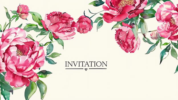 The design showcases vibrant pink peonies and lush green leaves, centered around the word Invitation, perfect for inviting guests to weddings or celebrations.