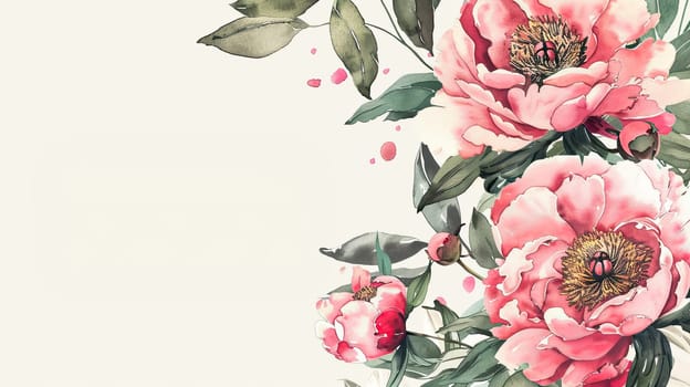 This artwork showcases delicate pink peonies with vibrant green leaves against a soft beige backdrop, emphasizing the beauty of nature’s design and elegance.