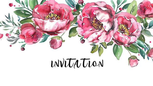 This elegant invitation features beautiful pink peonies and lush greenery, perfect for weddings or special events, showcasing a charming floral aesthetic with handwritten typography.