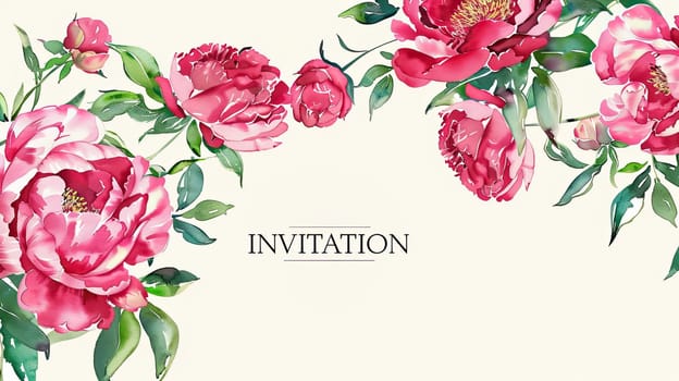 Delicate pink peonies are arranged with lush green leaves, creating a beautiful backdrop for a printed invitation, ideal for weddings or gatherings.