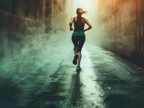 In the soft glow of dawn, a woman sprints through a misty alley, reflecting strength and resilience amid an urban landscape, embodying an active lifestyle.