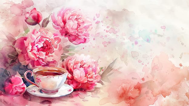 A beautifully painted arrangement showcases vibrant pink peonies beside an ornate cup of tea, all set against a gentle watercolor backdrop, evoking a serene springtime ambiance.