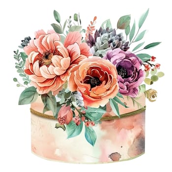 A beautiful bouquet features a mix of peonies and succulents arranged in a pastel decorative box, highlighting the vibrant colors of the flowers.