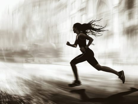 A determined woman runs swiftly along a city street during the early morning hours, with her long hair flowing behind her and historic buildings visible in the backdrop.