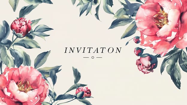 A beautifully designed invitation showcases lush pink peonies and greenery, creating a charming backdrop for an elegant event, perfect for weddings or celebrations.