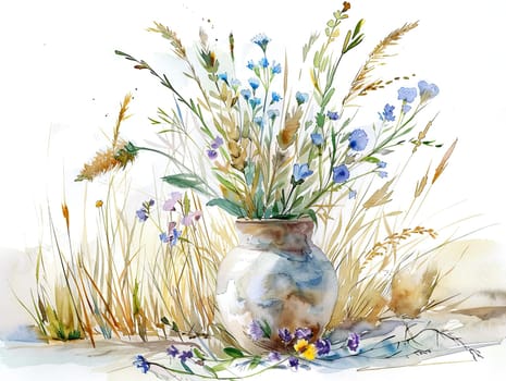 Wildflowers bloom vibrantly in a rustic pottery vase, surrounded by soft grasses in a tranquil natural environment during daylight.