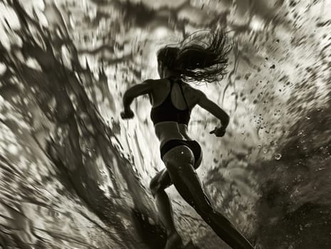A woman sprints through crashing ocean waves, embodying both power and grace against a backdrop of a vibrant sunset sky, celebrating the thrill of the moment.