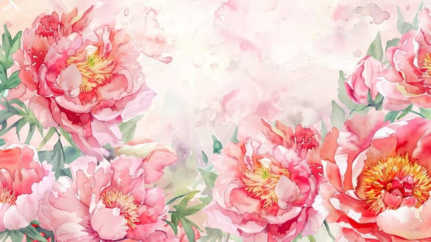 A cluster of pink peonies is depicted in stunning watercolor, showcasing their delicate petals and vibrant colors against a softly blended background.
