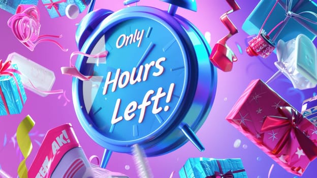 Energetic cyber monday promotional design featuring a countdown clock indicating urgency and excitement. flying products encompass tech gadgets, fashion items, and home goods, set against a bold, colorful backdrop with dynamic typography.