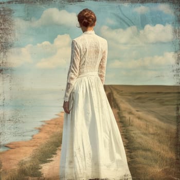 A woman stands by the water's edge, wearing a flowing vintage white dress, admiring the calm lake and scenic countryside under a beautifully lit sky.