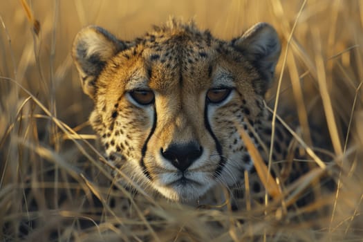 A high-definition close-up of a cheetah crouching low amid tall, golden grass on the savannah. the warm light highlights the cheetah's intense gaze and sharp spots, emphasizing its camouflage and stealth.