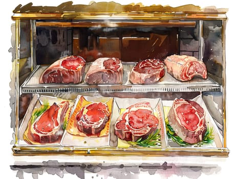 An array of fresh meat cuts is neatly arranged in a butcher shop display case, highlighting the quality and variety available to customers.