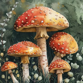 A cluster of bright orange and red toadstools stands among rich green leaves and plants, illuminated by sunshine in a tranquil forest environment.