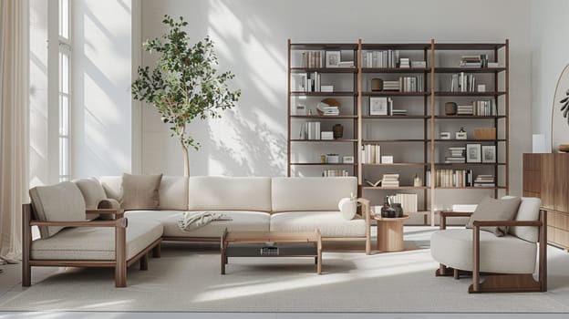 Minimalist living room setup featuring modern sectionals, coffee tables, and bookshelves arranged in a clean, modern setting. perfect for a cyber monday furniture sale, stylish and comfortable home decor options.