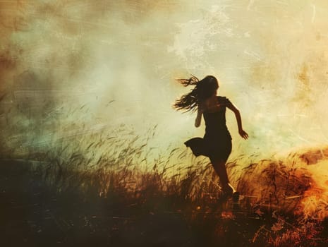 A young girl joyfully runs through a field of tall grass during sunset, enjoying the tranquility of her surroundings and the warmth of the fading light.