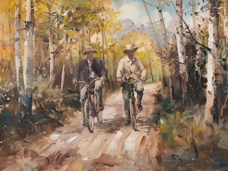 Two cyclists enjoy a leisurely ride on a dirt path surrounded by autumn trees. The scene captures the beauty of nature with golden leaves and distant mountains on a sunny day.