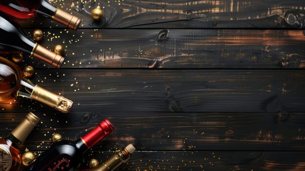 Luxurious cyber monday promotional banner featuring premium bottles of wine, whiskey, and champagne. the arrangement includes gold accents on a rustic wooden background, ideal for holiday marketing, posters, or event invitations.