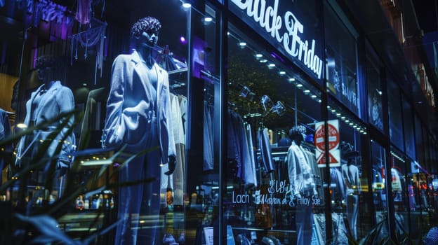 A sophisticated fashion boutique illuminated at night, showcasing stylish mannequins in the window dressed in contemporary garments. bold black friday sale signs draw customers' attention, with dramatic lighting enhancing the display.