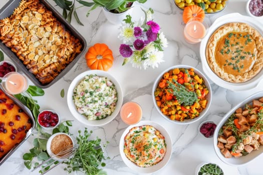 Modern thanksgiving buffet in a minimalistic kitchen. features both traditional and plant-based dishes such as pies, casseroles, and salads. the beautifully laid-out table has vibrant food, fresh flowers, and candles.