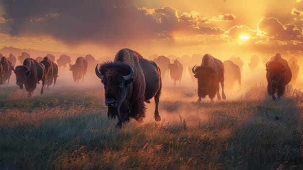 Herd of bison charging across a grassy plain at dusk, illuminated by warm sunset hues. dust rising from their hooves enhances the dramatic atmosphere, showcasing the raw energy and beauty of nature.
