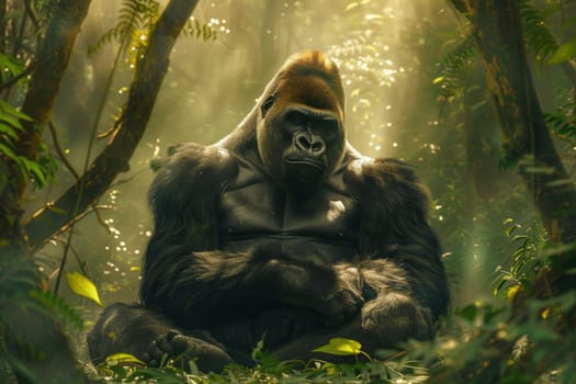 Majestic silverback gorilla sitting calmly in a dense jungle clearing. surrounded by lush green vegetation with dappled sunlight filtering through, showcasing the gorilla's powerful presence in its natural habitat.