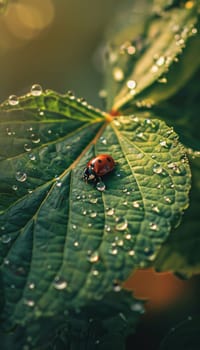 A close-up of a vibrant ladybug on a green leaf covered in morning dew. tiny droplets and delicate veins of the leaf are illuminated by soft sunlight. ideal for nature-themed prints, cards, or posters.