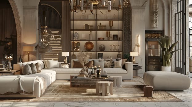 Elegant modern home decor featuring premium rugs, lamps, and decorative accents in a luxurious living room. the scene shows a spacious, well-lit room with a large sofa, stylish coffee table, and sophisticated lighting.