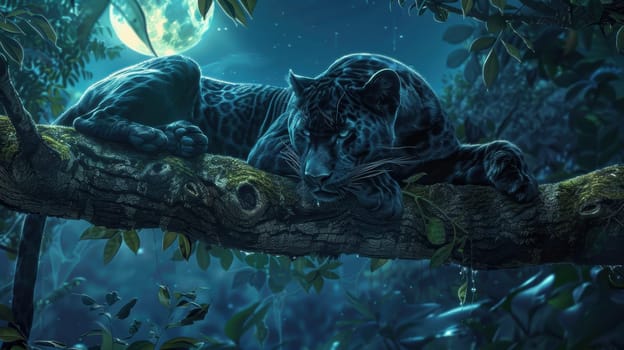 Black panther resting on a tree branch in a jungle, its sleek fur blending into the shadows. moonlight filters through the leaves, casting a serene glow on the scene, creating a mysterious and tranquil atmosphere.