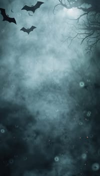 Eerie halloween night scenery featuring a hazy mist filled with faint glowing orbs and subtle bats flying in a dark, shadowy sky. bare branches add to the spooky ambiance, perfect for holiday-themed designs and decorations.