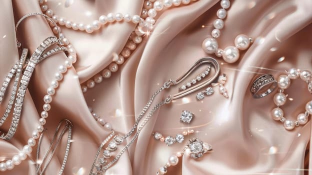 Elegant arrangement of diamond rings, necklaces, bracelets, and pearls on a soft velvet background. perfect for cyber monday promotional banners, exquisite jewelry pieces with luxurious appeal.