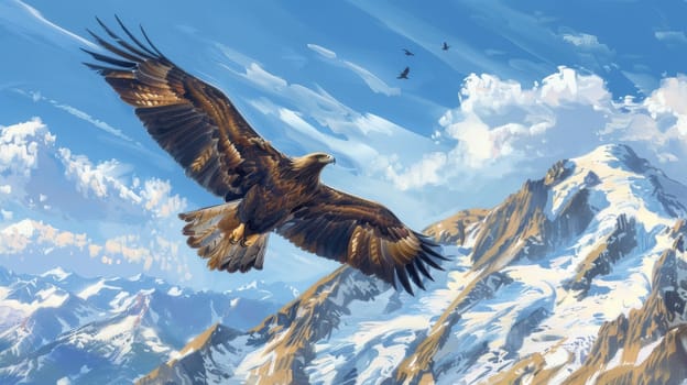 A magnificent golden eagle glides effortlessly above towering, snow-covered mountain peaks under a clear blue sky. smaller birds fly in the distance, adding depth to the majestic landscape.