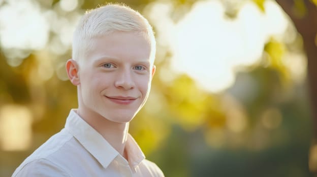 A young albino middle eastern man in his early 20s, dressed in a white shirt, smiles warmly outdoors during the golden hour. the background features soft, defocused yellow and green hues, creating a serene and uplifting atmosphere.