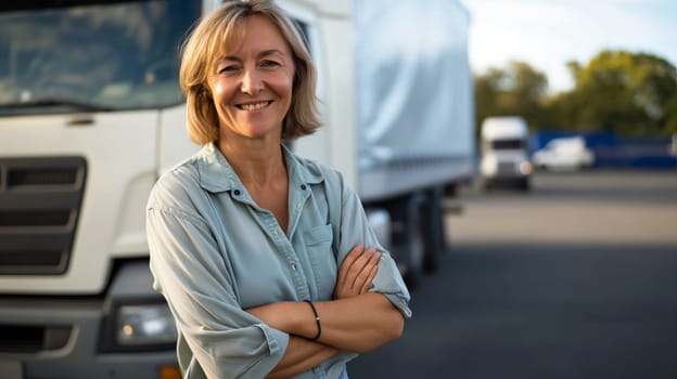 Middleaged italian woman with blonde hair standing confidently with crossed arms in a transportation yard. she appears relaxed and professional, wearing a light blue blouse. trucks are visible in the background, emphasizing the transport and logistics setting.