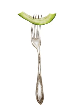 Avocado watercolor illustration. A piece of ripe fruit on a fork on an isolated white background. Botanical composition with kitchen appliance. Hand-drawn clip art for menu design, price tags, packaging of vegetarian stores and cafes. High quality illustration