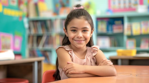 Southern european elementary school girl sitting in a classroom, smiling, with arms crossed on the desk. bright, colorful classroom environment, bookshelves, and educational supplies in the background. depiction of happy childhood and learning.