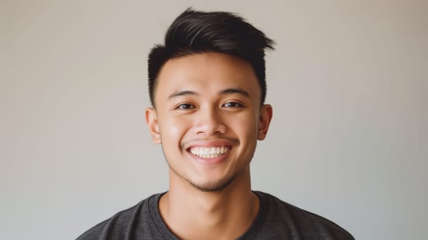 A bright and cheerful portrait of a young filipino man smiling warmly. the closeup shot features a clean, neutral background, making it versatile for use in social media profiles, marketing materials, and website design.