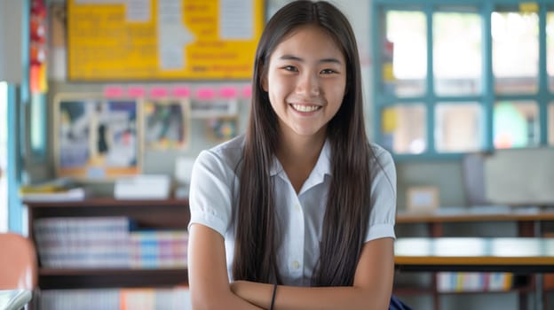 A thai high school girl with long dark hair sits smiling pleasantly in a bright, well-organized classroom. the background features shelves of books and educational posters, creating an authentic academic atmosphere ideal for educational content.