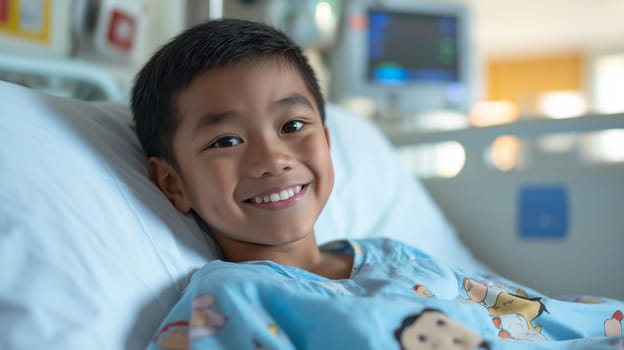 A young filipino boy smiling and lying in a hospital bed, wearing a light blue gown adorned with cartoon animals. the background shows medical equipment, indicating a hospital setting. the scene conveys a positive mood and highlights pediatric healthcare environments.