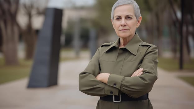Senior woman with short gray hair stands confidently with arms crossed, wearing a green militarystyle outfit. background features a modern park with abstract sculptures and trees, creating a balanced blend of nature and contemporary art.