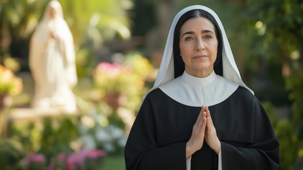 A middleaged hispanic nun in traditional catholic habit prays outdoors, hands clasped, with a blurred statue of another nun in the background. the serene garden setting filled with greenery and flowers enhances the spiritual atmosphere.