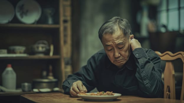 A middleaged korean man sits alone in a traditional indoor setting, thoughtfully focusing on a plate of food before him. the ambient lighting and the detailed background elements convey a sense of nostalgia and solitude, making this image suitable for diverse storytelling and stock photography needs.