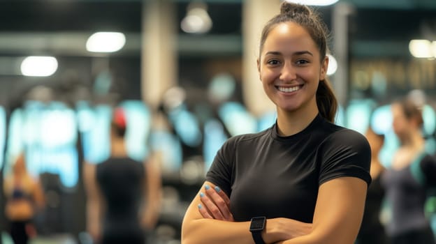 A smiling young female fitness trainer stands confidently in a gym, wearing a black workout top and smartwatch, with people engaging in various fitness activities in the background. the scene highlights a positive and motivating fitness environment.