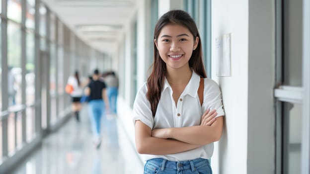Confident thai female student poses with a smile and crossed arms in a bright university hallway. she wears casual attire and stands near large windows with a few other students in the background, symbolizing education, youth, and academic diversity.