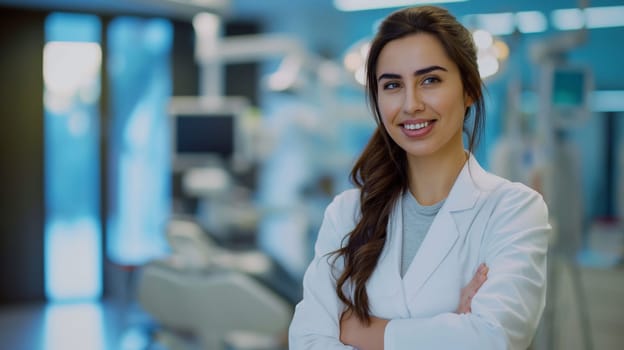 A warmly smiling young greek female doctor standing confidently in a modern medical facility. dressed in a white lab coat, she exudes professionalism and expertise. the blurred background showcases medical equipment, indicating a clinical environment.