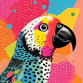 A colorful cartoon illustration of a parrot with polka dots texture against pink background. Image in the style of playful geometric shapes, editorial illustrations. Multilayered collages, flat style, bold colors, unique hand drawn textures. Minimalistic, cetered in the middle with negative space around