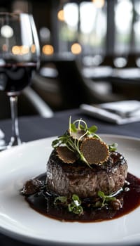 Gourmet filet mignon intricately plated in an upscale dining setting, presented with a red wine reduction, garnished with delicate truffle shavings and vibrant microgreens, showcasing exquisite culinary artistry.