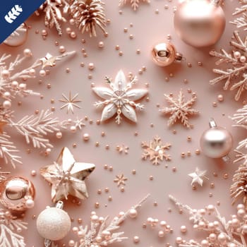 Elegant soft pink background with rose gold christmas decorations for a luxurious festive aesthetic