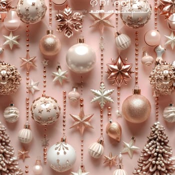 Elegant pink background with rose gold christmas decorations for a luxurious festive aesthetic